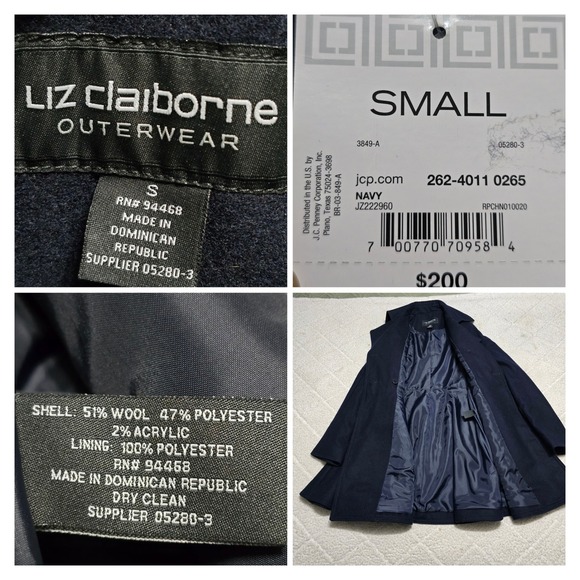 Liz Claiborne Navy Blue Wool Blend Pea Coat Fit Flare Double Breasted Small NWT - Picture 4 of 14